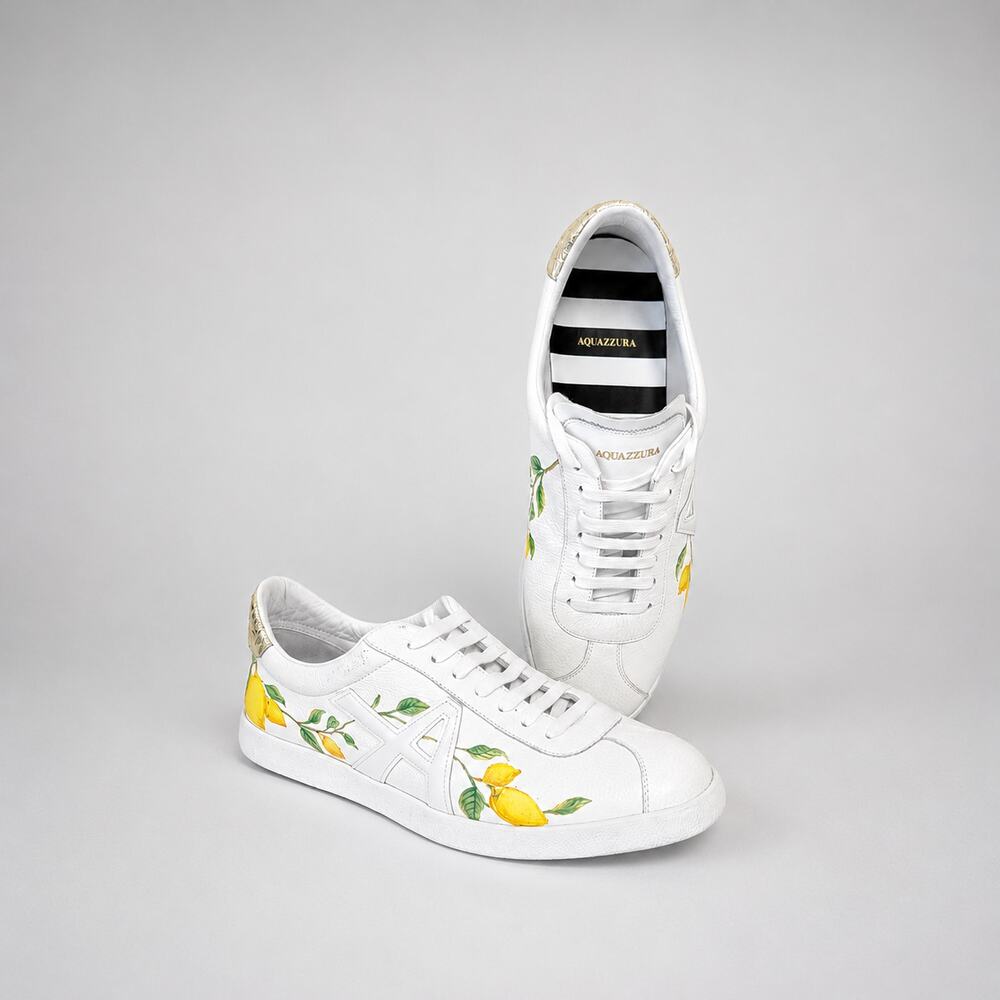 Aquazzura Leather & Snakeskin Lemon-print Low Top Sneakers Womens EU39.5/US9.5